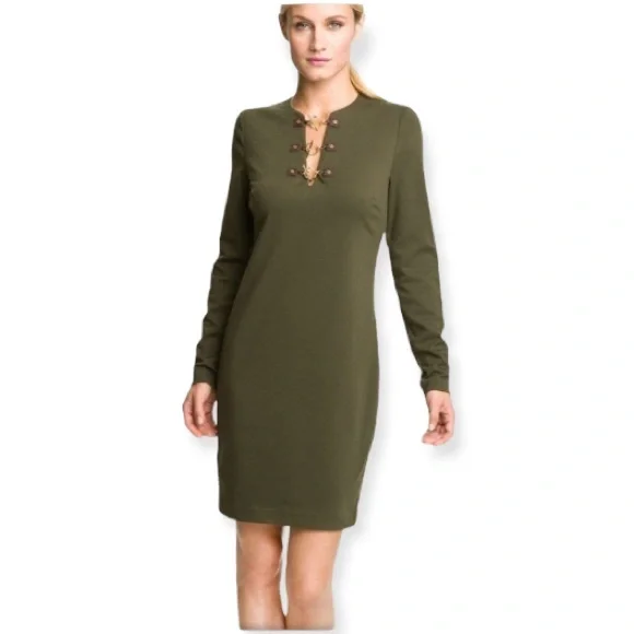 Michael Kors Womens Ribbed Lace Up Sweater Dress - Green Michael Kors Womens Ribbed Lace Up Sweater Dress - Green